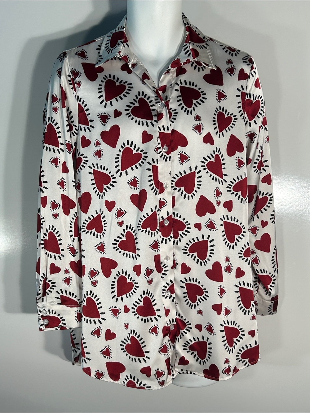 Lulumari SZ M Silky Red Heart Print Festive Artsy Novelty Whimsical Valentine